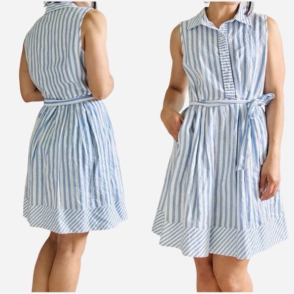 Neiman Marcus 100% Linen Blue Striped Shirt Dress Size Medium - Picture 1 of 13